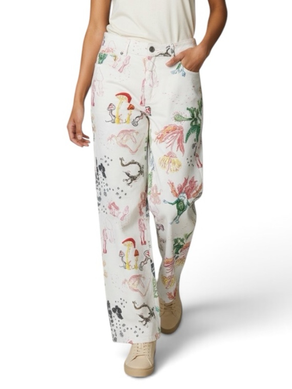 RESERVED Ivory Mushroom and Animal Print Jeans